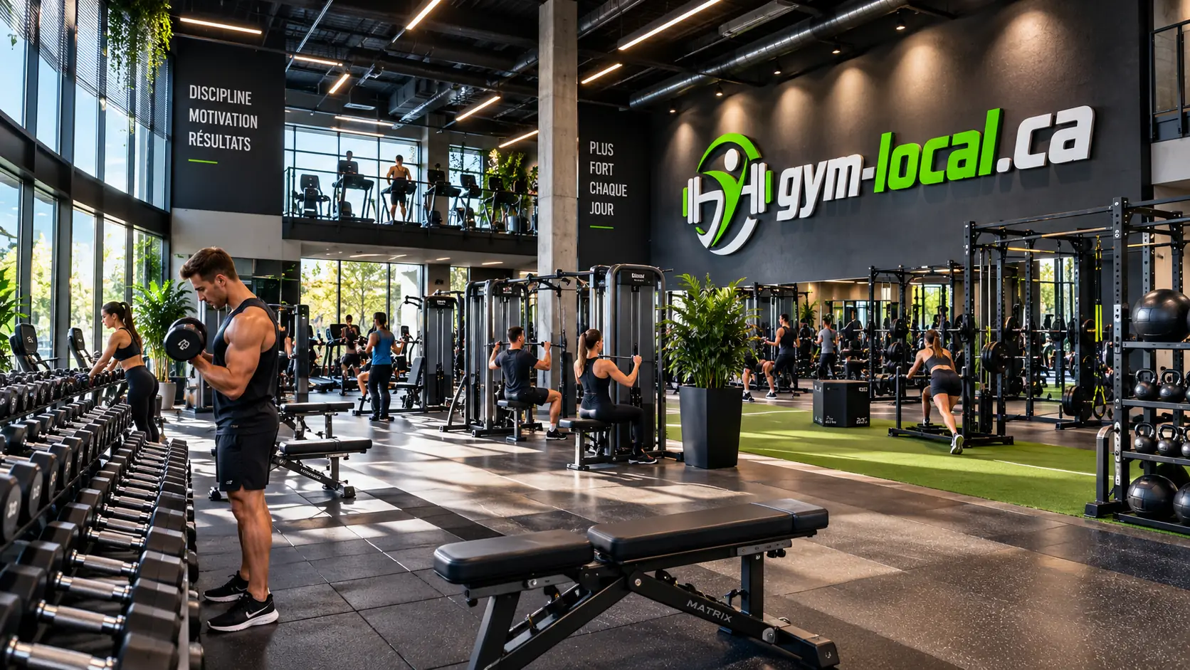 Grande salle d'entraînement lumineuse avec haltères, appareils de musculation, zone cardio en mezzanine et gazon synthétique