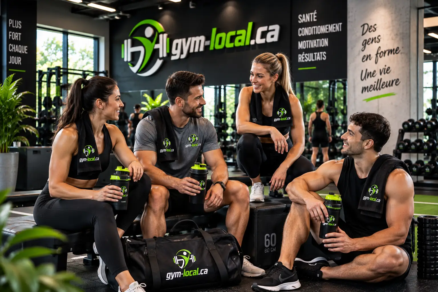 Quatre membres discutant et souriant après leur entraînement, gourdes à la main